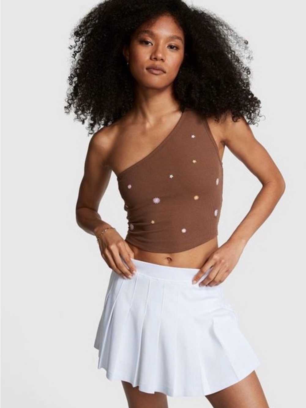 PINK One Shoulder Floral Embroidered Ribbed Brown Crop Top